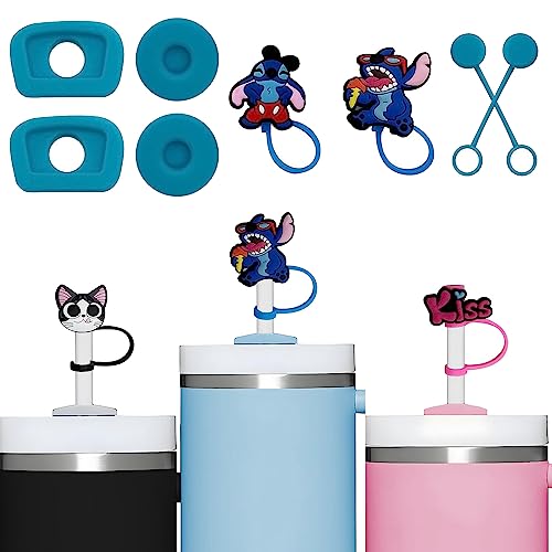 Silicone Spill Proof Stopper Set of 6+ 2 cartoon straw caps，Compatible with Stanley 1.0/30&40 Oz Tumbler with Handle,Silicone Straw Topper for Stanley Cups Accessories (Blue)