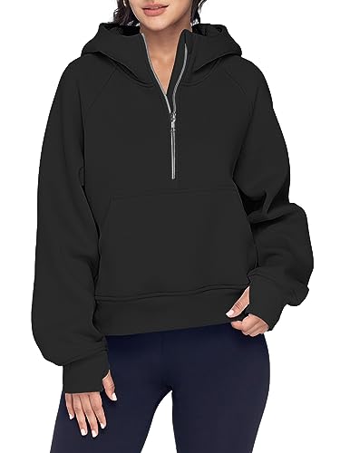 AUTOMET Half Zip Pullover for Women Quarter Zip Sweatshirts Hoodies Casual Cropped Sweaters Fall Outfits Winter Clothes Fashion 2023 Black