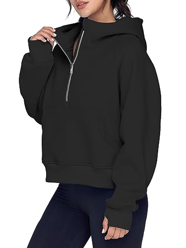 AUTOMET Half Zip Pullover for Women Quarter Zip Sweatshirts Hoodies Casual Cropped Sweaters Fall Outfits Winter Clothes Fashion 2023 Black