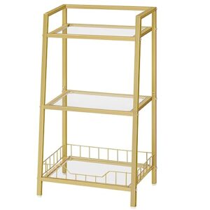 hoobro gold bookshelf, 3-tier tempered glass bookcase, bathroom storage stand, record storage rack with side guards, strong and durable, for bathroom, bedroom, living room modern style, gold gd77cj01