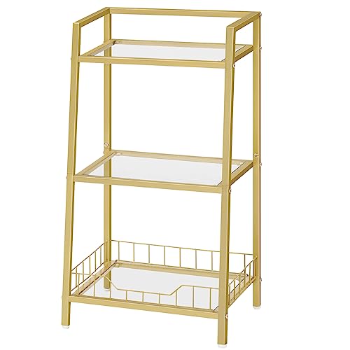 HOOBRO Gold Bookshelf, 3-Tier Tempered Glass Bookcase, Bathroom Storage Stand, Record Storage Rack with Side Guards, Strong and Durable, for Bathroom, Bedroom, Living Room Modern Style, Gold GD77CJ01