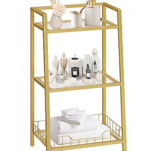 HOOBRO Gold Bookshelf, 3-Tier Tempered Glass Bookcase, Bathroom Storage Stand, Record Storage Rack with Side Guards, Strong and Durable, for Bathroom, Bedroom, Living Room Modern Style, Gold GD77CJ01