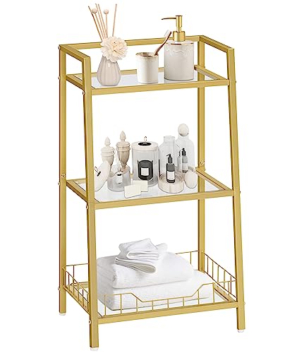 HOOBRO Gold Bookshelf, 3-Tier Tempered Glass Bookcase, Bathroom Storage Stand, Record Storage Rack with Side Guards, Strong and Durable, for Bathroom, Bedroom, Living Room Modern Style, Gold GD77CJ01