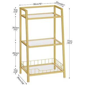 HOOBRO Gold Bookshelf, 3-Tier Tempered Glass Bookcase, Bathroom Storage Stand, Record Storage Rack with Side Guards, Strong and Durable, for Bathroom, Bedroom, Living Room Modern Style, Gold GD77CJ01