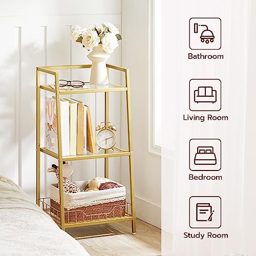 HOOBRO Gold Bookshelf, 3-Tier Tempered Glass Bookcase, Bathroom Storage Stand, Record Storage Rack with Side Guards, Strong and Durable, for Bathroom, Bedroom, Living Room Modern Style, Gold GD77CJ01