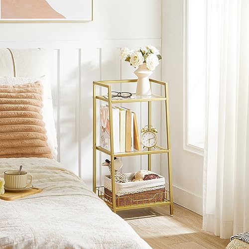 HOOBRO Gold Bookshelf, 3-Tier Tempered Glass Bookcase, Bathroom Storage Stand, Record Storage Rack with Side Guards, Strong and Durable, for Bathroom, Bedroom, Living Room Modern Style, Gold GD77CJ01