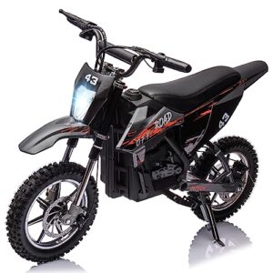 36v kids ride on dirt bike,15.5mph fast speed electric battery-powered off-road motorcycle with 350w brushless motor,max load 175 lbs,led light,leather seat,disc brake,air-filled tires,(black)