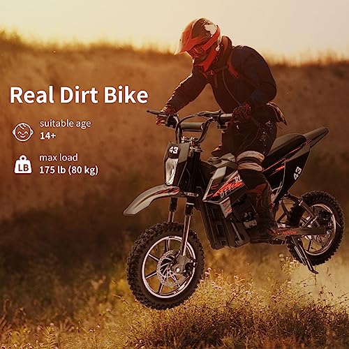 36V Kids Ride on Dirt Bike,15.5MPH Fast Speed Electric Battery-Powered Off-Road Motorcycle with 350W Brushless Motor,Max Load 175 lbs,LED Light,Leather Seat,Disc Brake,Air-Filled Tires,(Black)