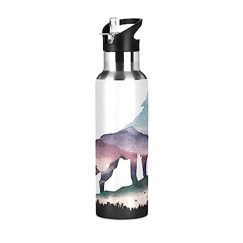 Kigai Cute Wolf Stainless Steel Sports Water Bottle BPA-Free Vacuum Insulated Leakproof Wide Mouth Flask with Straw Lid Keeps Liquids Cold or Hot for Gym Travel Camping