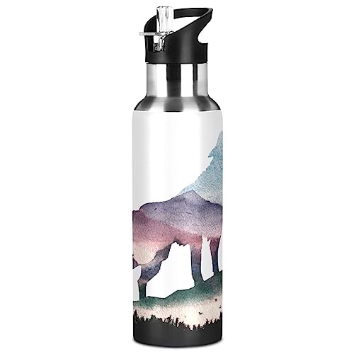 Kigai Cute Wolf Stainless Steel Sports Water Bottle BPA-Free Vacuum Insulated Leakproof Wide Mouth Flask with Straw Lid Keeps Liquids Cold or Hot for Gym Travel Camping