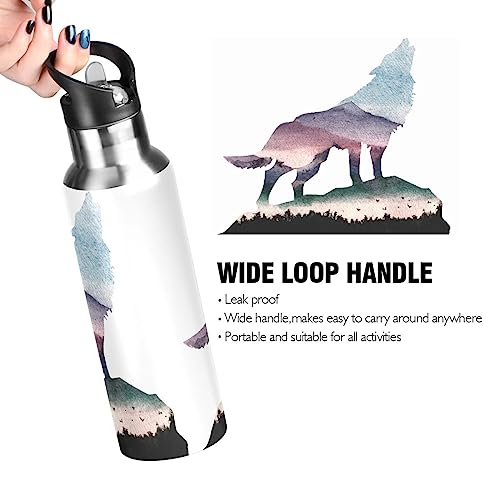 Kigai Cute Wolf Stainless Steel Sports Water Bottle BPA-Free Vacuum Insulated Leakproof Wide Mouth Flask with Straw Lid Keeps Liquids Cold or Hot for Gym Travel Camping