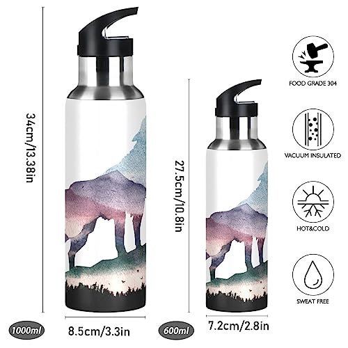 Kigai Cute Wolf Stainless Steel Sports Water Bottle BPA-Free Vacuum Insulated Leakproof Wide Mouth Flask with Straw Lid Keeps Liquids Cold or Hot for Gym Travel Camping