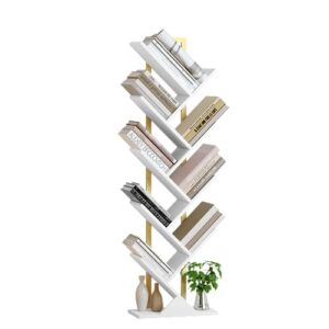yusong tree bookshelf, geometric bookcase with steel pipe for living room bedroom, floor standing books shelves for home office (white, 9 tier)