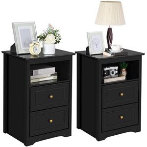 yaheetech nightstand set of 2, wooden bedside tables with 2 drawer and cubby, 2pcs tall nightstand for bedroom small space, bedside cabinet telephone table, 19″ l × 16″ w × 29″ h, black