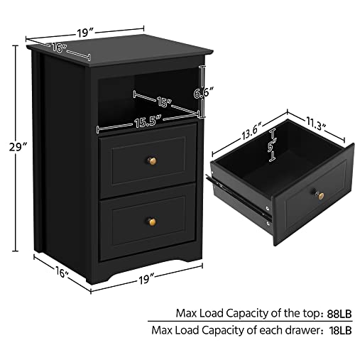 Yaheetech Nightstand Set of 2, Wooden Bedside Tables with 2 Drawer and Cubby, 2Pcs Tall Nightstand for Bedroom Small Space, Bedside Cabinet Telephone Table, 19″ L × 16″ W × 29″ H, Black