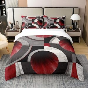 abstract geometric circles duvet cover 100% cotton gradient red gray swirls patchwork grid bedding set for teens adults modern simple style plaid comforter cover with 2 pillowcases queen size 3 pcs