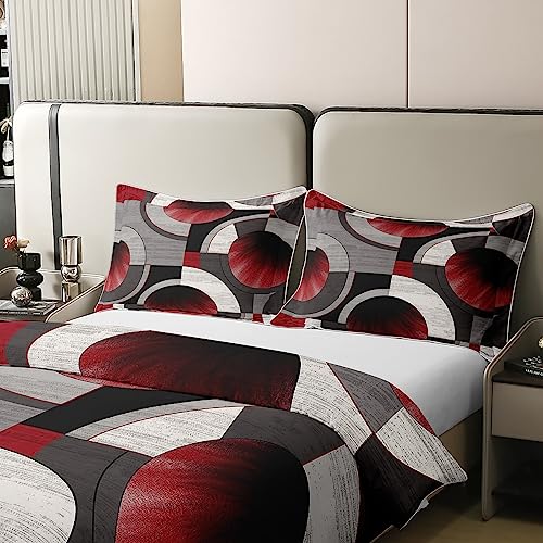 Abstract Geometric Circles Duvet Cover 100% Cotton Gradient Red Gray Swirls Patchwork Grid Bedding Set for Teens Adults Modern Simple Style Plaid Comforter Cover with 2 Pillowcases Queen Size 3 Pcs