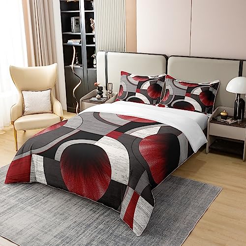 Abstract Geometric Circles Duvet Cover 100% Cotton Gradient Red Gray Swirls Patchwork Grid Bedding Set for Teens Adults Modern Simple Style Plaid Comforter Cover with 2 Pillowcases Queen Size 3 Pcs