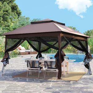 10'x10' pop up gazebo outdoor canopy tent patio gazebo canopy heavy duty party tent with mosquito netting for backyard garden patio and lawn, brown