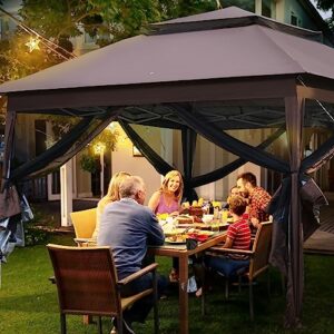 10'x10' Pop Up Gazebo Outdoor Canopy Tent Patio Gazebo Canopy Heavy Duty Party Tent with Mosquito Netting for Backyard Garden Patio and Lawn, Brown