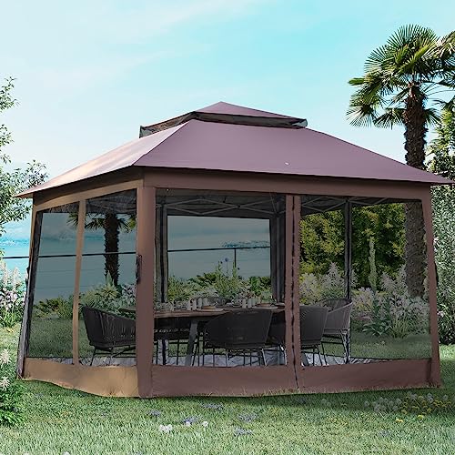 10'x10' Pop Up Gazebo Outdoor Canopy Tent Patio Gazebo Canopy Heavy Duty Party Tent with Mosquito Netting for Backyard Garden Patio and Lawn, Brown