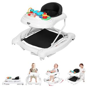 Boyro Baby 4 in 1 Baby Walker, Baby Walkers for Boys and Girls, Foldable Activity Walker with Adjustable Height, Music, Detachable Trampoline Mat, High Back Padded Seat