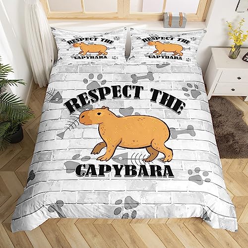 Erosebridal Capybara Bedding Set for Toddlers Girls Boys Bedroom, Funny Pet Animal Duvet Cover Capybara Claw Footprint Comforter Cover Vintage Woodern Style Bed Set 3 Pieces, Full