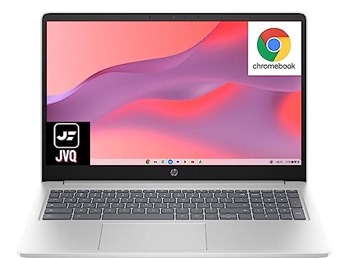 HP Newest 15.6" HD Chromebook Laptop, Intel Processor N200, 8GB RAM, 64GB eMMC + 64GB Card, Webcam, WiFi, Zoom Meeting, Bluetooth, USB-A&C, Chrome OS- Natural Silver, JVQ MP