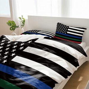 USA Flag Queen Duvet Covers Support Police Military and Firefighters 3-Piece Bedding Sets Luxury Soft Bed Comforter Protector with Pillow Cases for Women Men Girl Boy Thin Blue Green Red Line