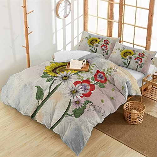 Abstract Blossom Floral Queen Duvet Covers Aesthetic Yellow Red Flowers 3-Piece Bedding Sets Luxury Soft Microfiber Bed Comforter Protector with Pillow Cases for Women Men Girl Boy Aesthetic