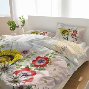 Abstract Blossom Floral Queen Duvet Covers Aesthetic Yellow Red Flowers 3-Piece Bedding Sets Luxury Soft Microfiber Bed Comforter Protector with Pillow Cases for Women Men Girl Boy Aesthetic