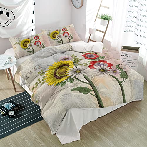 Abstract Blossom Floral Queen Duvet Covers Aesthetic Yellow Red Flowers 3-Piece Bedding Sets Luxury Soft Microfiber Bed Comforter Protector with Pillow Cases for Women Men Girl Boy Aesthetic