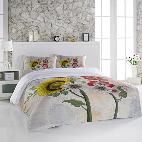 Abstract Blossom Floral Queen Duvet Covers Aesthetic Yellow Red Flowers 3-Piece Bedding Sets Luxury Soft Microfiber Bed Comforter Protector with Pillow Cases for Women Men Girl Boy Aesthetic