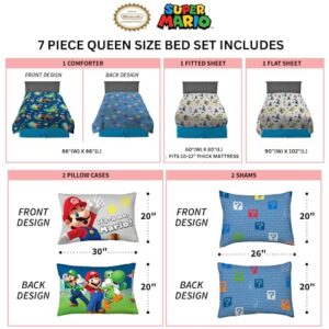 Franco Super Mario Bros. Kids Bedding Super Soft Comforter and Sheet Set with Sham, 7 Piece Queen Size, (Official Licensed Product)