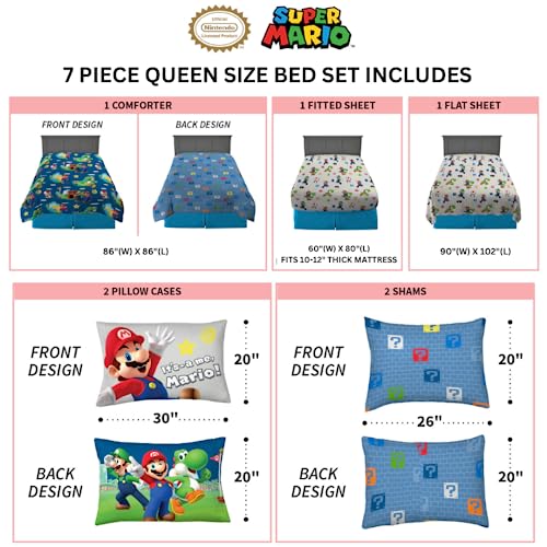 Franco Super Mario Bros. Kids Bedding Super Soft Comforter and Sheet Set with Sham, 7 Piece Queen Size, (Official Licensed Product)