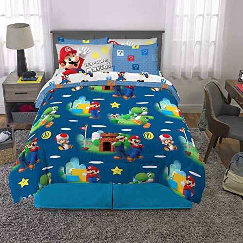 Franco Super Mario Bros. Kids Bedding Super Soft Comforter and Sheet Set with Sham, 7 Piece Queen Size, (Official Licensed Product)