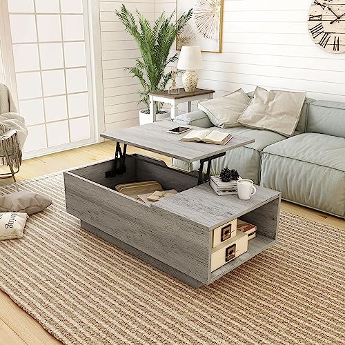 24/7 Shop at Home Kianna Farmhouse 48 in. Hidden Storage Wood Lift-Top Coffee Table with 1 Shelf for Living, Reception Room, Home Office, Bedroom, Vintage Gray Oak