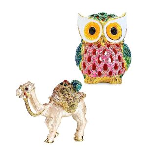 yu feng hand painted enameled owl and cute camel animal trinket jewelry box