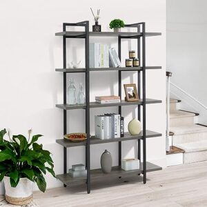 caphaus 5-tier book shelf, 71” h vintage industrial bookcase with open display shelving, wooden and metal shelving unit, bookshelves and bookcases, stand shelf for bedroom, home office, dark grey