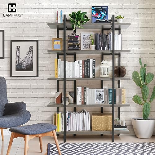 CAPHAUS 5-Tier Book Shelf, 71” H Vintage Industrial Bookcase with Open Display Shelving, Wooden and Metal Shelving Unit, Bookshelves and Bookcases, Stand Shelf for Bedroom, Home Office, Dark Grey