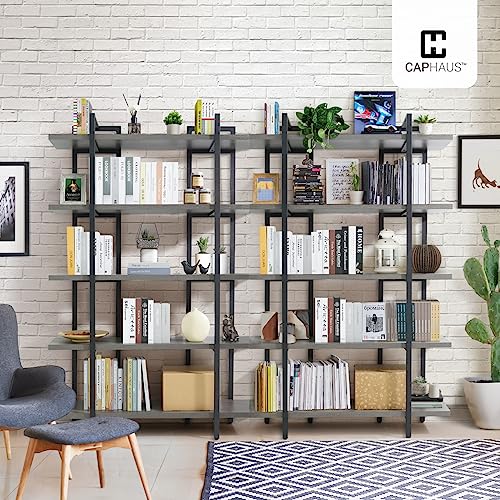 CAPHAUS 5-Tier Book Shelf, 71” H Vintage Industrial Bookcase with Open Display Shelving, Wooden and Metal Shelving Unit, Bookshelves and Bookcases, Stand Shelf for Bedroom, Home Office, Rustic Oak