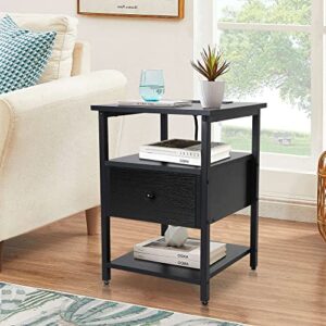 nightstand with charging station and usb ports, side end table with drawer, open shelf, vintage rustic narrow bedside tables night stand storage shelf for small spaces, bedroom, living room, balcony