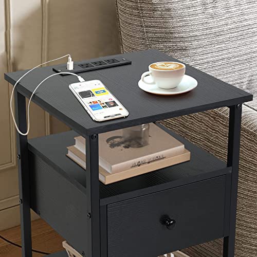 Nightstand with Charging Station and USB Ports, Side End Table with Drawer, Open Shelf, Vintage Rustic Narrow Bedside Tables Night Stand Storage Shelf for Small Spaces, Bedroom, Living Room, Balcony