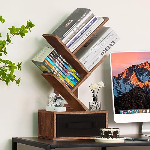 SHEEPAM Small Bookshelf with Drawer,3 Tier Tree Book Shelf,Wood Desk Bookshelves,Modern Free Standing Desktop Display Shelves,Brown Floor Standing Organizer Bookcase for Living Room,Bedroom,Office