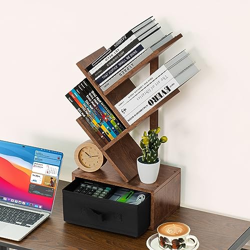 SHEEPAM Small Bookshelf with Drawer,3 Tier Tree Book Shelf,Wood Desk Bookshelves,Modern Free Standing Desktop Display Shelves,Brown Floor Standing Organizer Bookcase for Living Room,Bedroom,Office