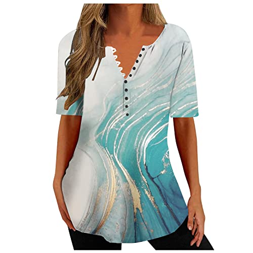 Summer Shirts for Women 2023 Print V-Neck Short Sleeve Tops Floral Patterned Tees Relaxed Athletic Tunic Comfy Cloth 8-Light Blue XX-Large 3/4 Sleeve Top Button Down Tee Marble Graphic T-Shirt