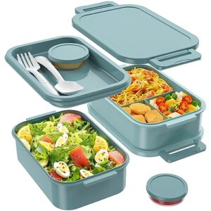 Jelife Bento Box Adult Lunch Box - 72oz Stackable Bento Lunch Box for Adults, 3 Layers Leak-Proof All-in-One Large Bento Box Lunchbox with Utensil Sauce Dressing Containers for Dining Out,Work, Green