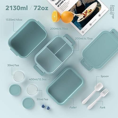 Jelife Bento Box Adult Lunch Box - 72oz Stackable Bento Lunch Box for Adults, 3 Layers Leak-Proof All-in-One Large Bento Box Lunchbox with Utensil Sauce Dressing Containers for Dining Out,Work, Green