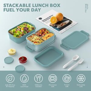 Jelife Bento Box Adult Lunch Box - 72oz Stackable Bento Lunch Box for Adults, 3 Layers Leak-Proof All-in-One Large Bento Box Lunchbox with Utensil Sauce Dressing Containers for Dining Out,Work, Green