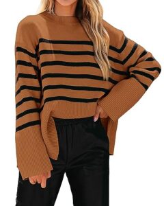 kirundo women's 2023 fall winter casual oversized long sleeve striped sweater crew neck ribbed knit side slit pullover(brown, large)